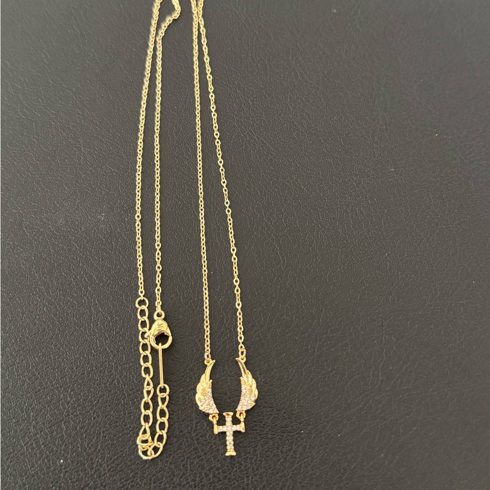 Stainless Steel Gold Wings and Cross Necklace